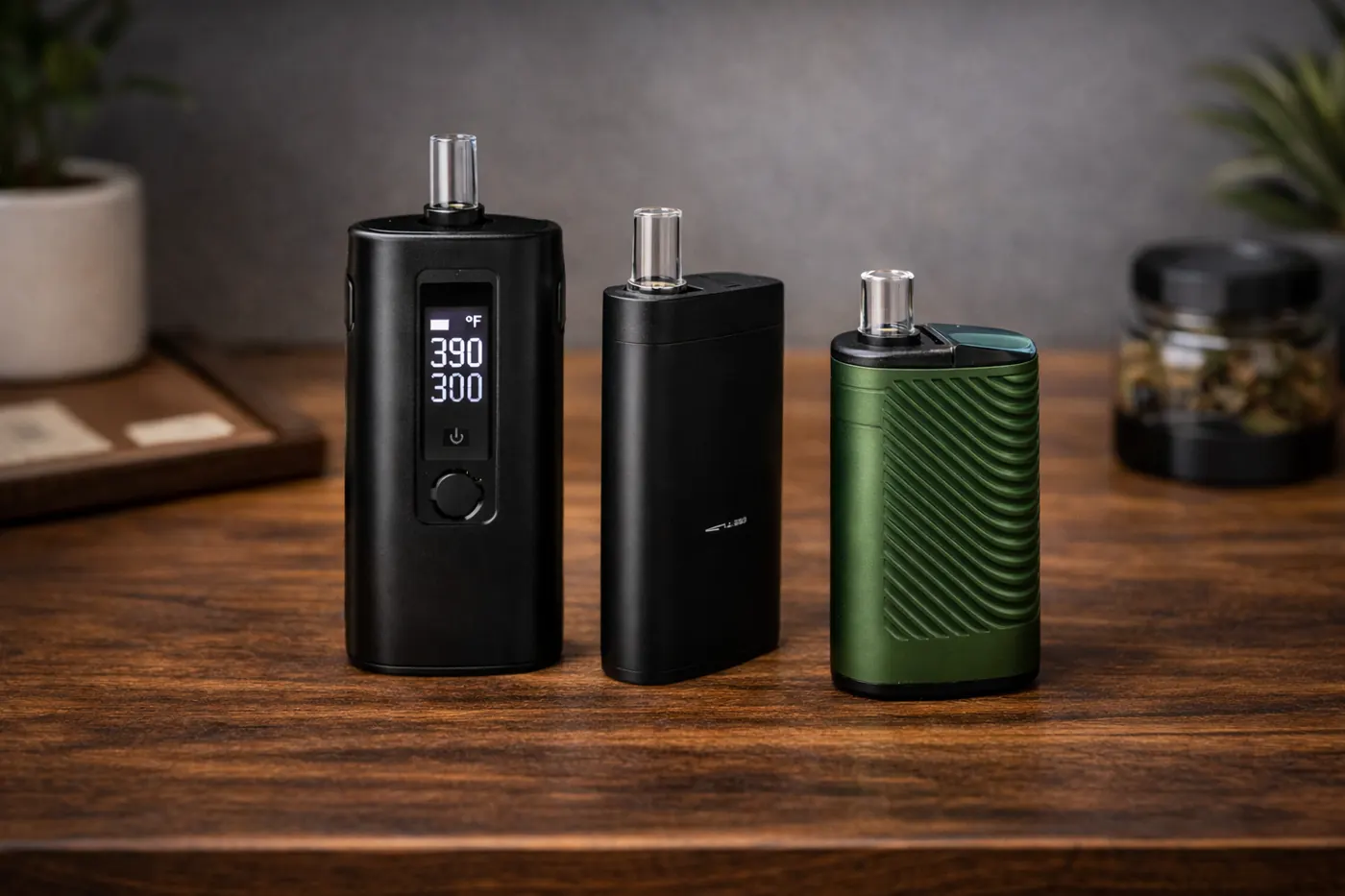 Portable dry herb vaporizer on a wooden surface.